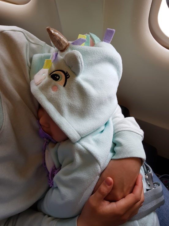 Bebé unicornio viajando calentito